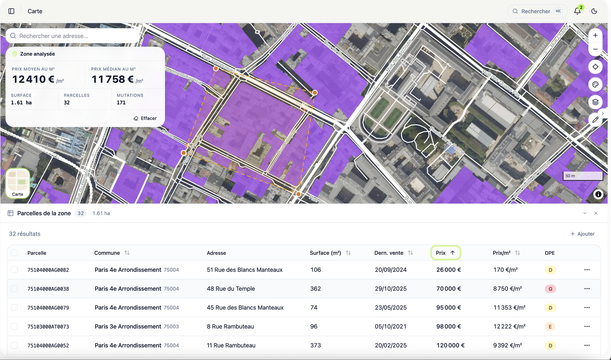Carte Paraphe : parcelles violettes en vue satellite Paris 4e, zone analysée avec prix moyen 12 410 €/m² médian 11 758 €/m², table des 32 parcelles avec adresse, surface, prix, DPE.